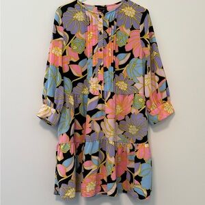 Who What Wear Pink and Blue Floral Patterned Tiered Dress